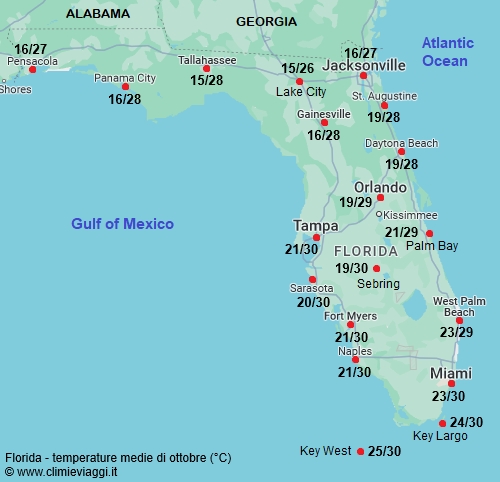 Florida - mappa con le temperature medie a ottobre