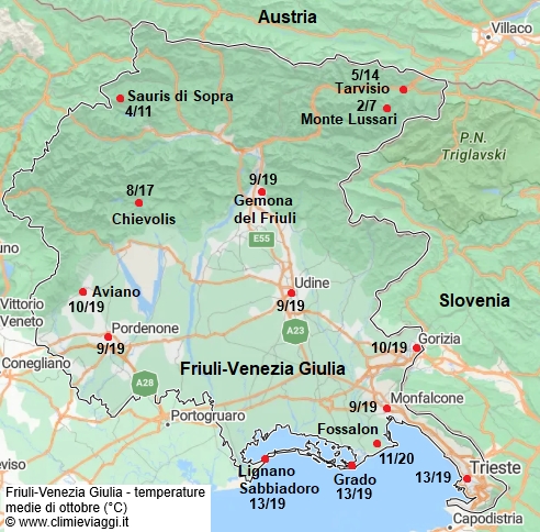 Friuli Venezia Giulia - mappa con le temperature medie a ottobre