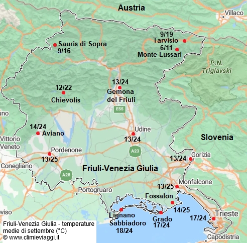 Friuli Venezia Giulia - mappa con le temperature medie a settembre