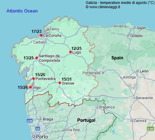 Galizia - mappa con le temperature medie a agosto