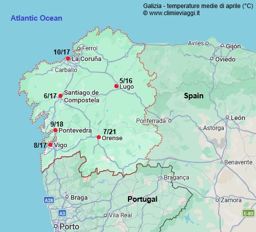 Galizia - mappa con le temperature medie a aprile