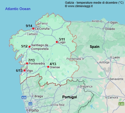 Galizia - mappa con le temperature medie a dicembre