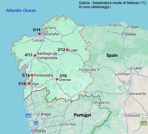 Galizia - mappa con le temperature medie a febbraio