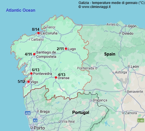 Galizia - mappa con le temperature medie a gennaio