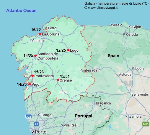 Galizia - mappa con le temperature medie a luglio