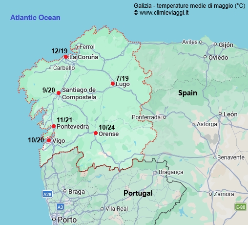 Galizia - mappa con le temperature medie a maggio