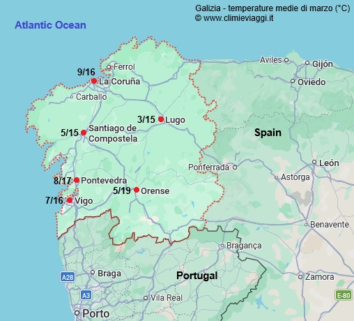Galizia - mappa con le temperature medie a marzo