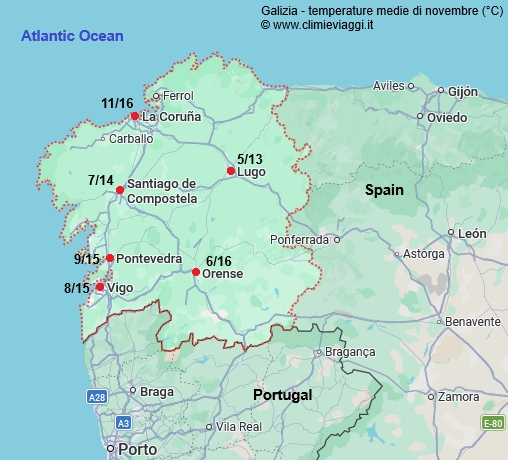 Galizia - mappa con le temperature medie a novembre