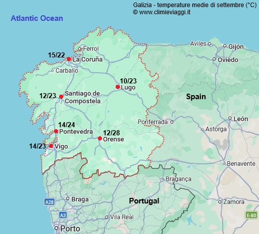Galizia - mappa con le temperature medie a settembre