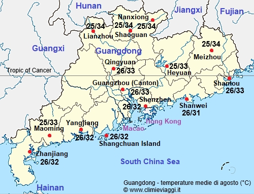 Guangdong - mappa con le temperature medie a agosto