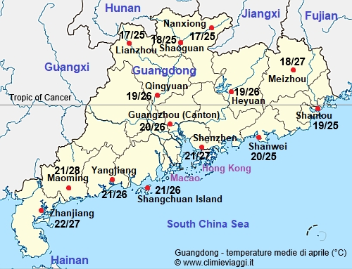 Guangdong - mappa con le temperature medie a aprile