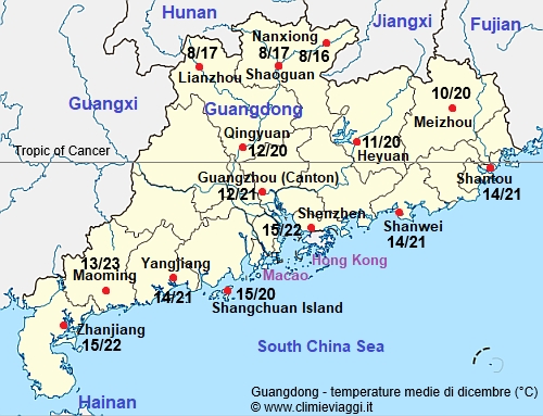 Guangdong - mappa con le temperature medie a dicembre