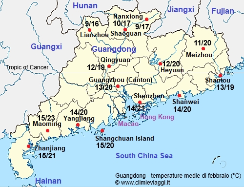 Guangdong - mappa con le temperature medie a febbraio