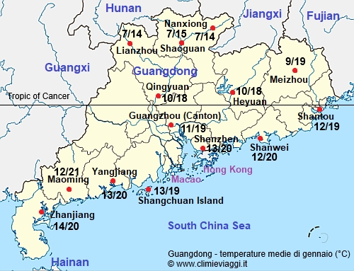 Guangdong - mappa con le temperature medie a gennaio