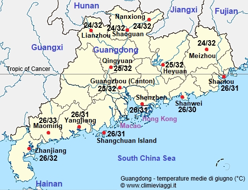 Guangdong - mappa con le temperature medie a giugno