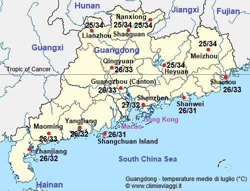 Guangdong - mappa con le temperature medie a luglio