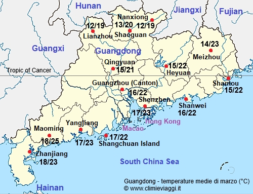 Guangdong - mappa con le temperature medie a marzo