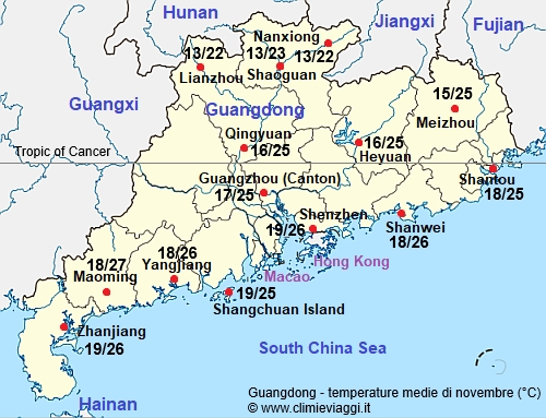 Guangdong - mappa con le temperature medie a novembre