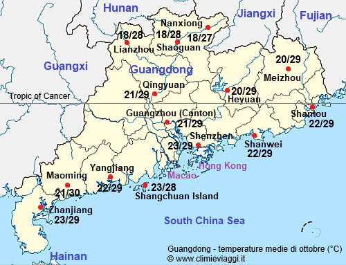 Guangdong - mappa con le temperature medie a ottobre