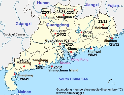 Guangdong - mappa con le temperature medie a settembre