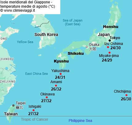 Isole Meridionali - mappa con le temperature medie a agosto