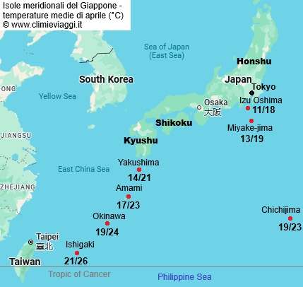 Isole Meridionali - mappa con le temperature medie a aprile