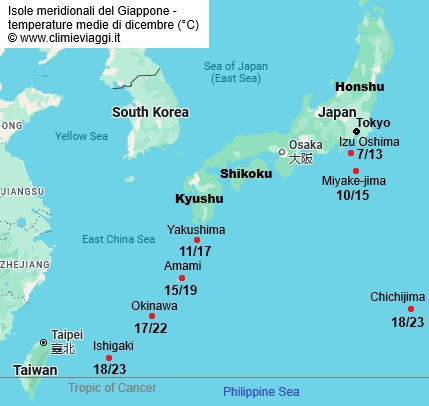 Isole Meridionali - mappa con le temperature medie a dicembre