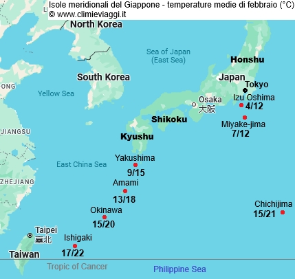 Isole Meridionali - mappa con le temperature medie a febbraio