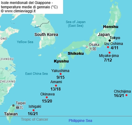 Isole Meridionali - mappa con le temperature medie a gennaio
