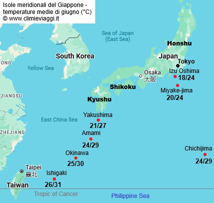 Isole Meridionali - mappa con le temperature medie a giugno