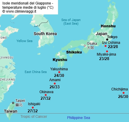 Isole Meridionali - mappa con le temperature medie a luglio
