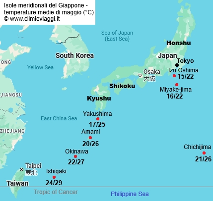 Isole Meridionali - mappa con le temperature medie a maggio