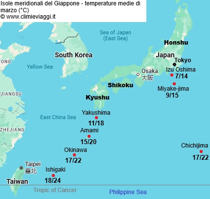 Isole Meridionali - mappa con le temperature medie a marzo