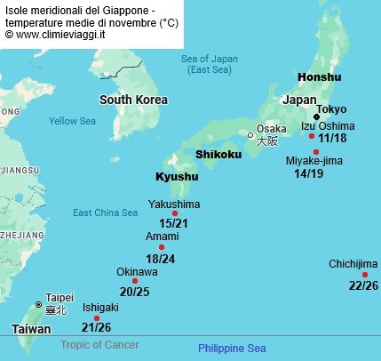 Isole Meridionali - mappa con le temperature medie a novembre