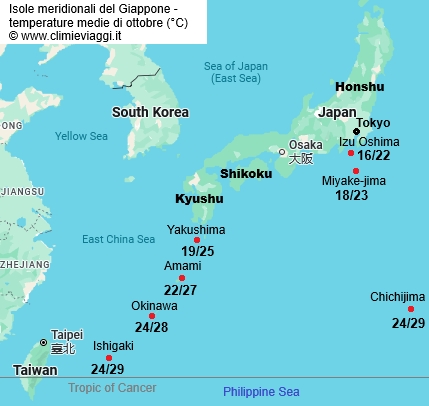 Isole Meridionali - mappa con le temperature medie a ottobre