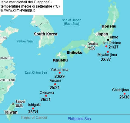 Isole Meridionali - mappa con le temperature medie a settembre