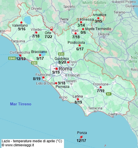 Lazio - mappa con le temperature medie a aprile