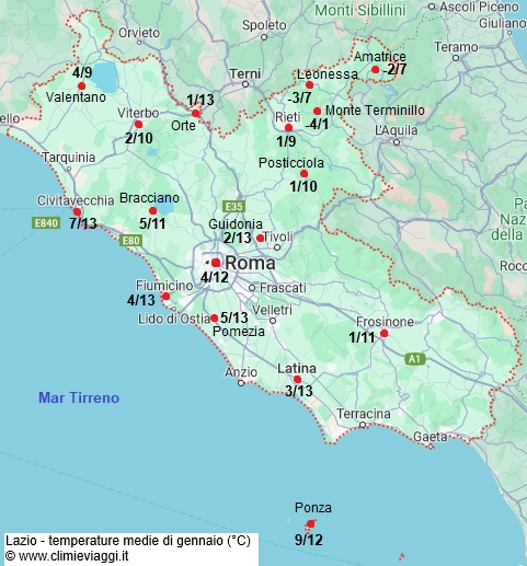 Lazio - mappa con le temperature medie a gennaio
