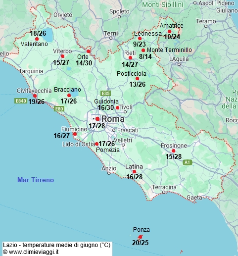 Lazio - mappa con le temperature medie a giugno