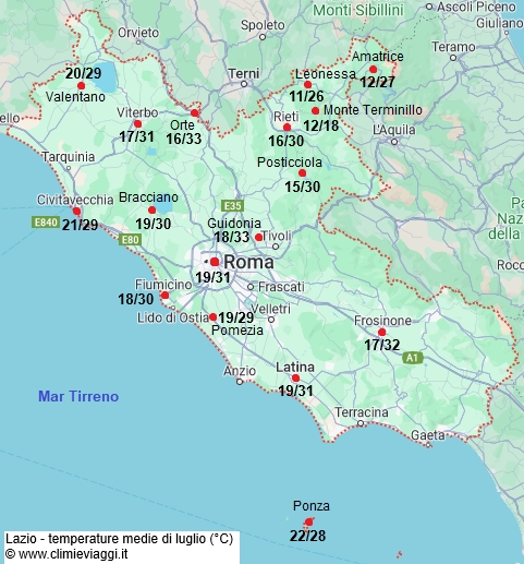 Lazio - mappa con le temperature medie a luglio