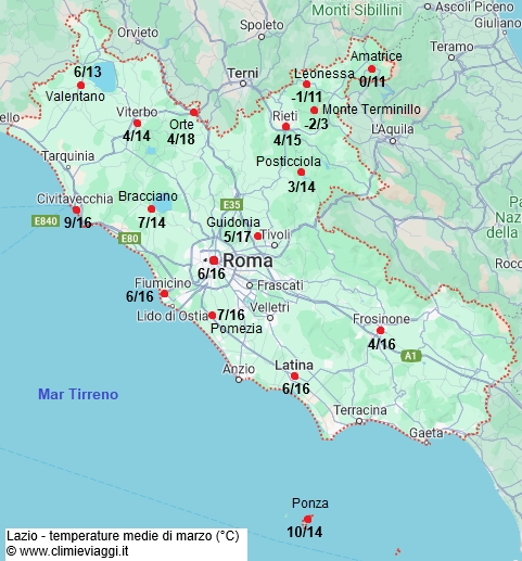 Lazio - mappa con le temperature medie a marzo