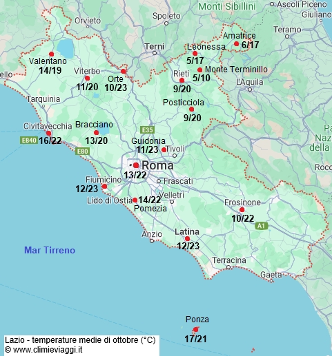 Lazio - mappa con le temperature medie a ottobre