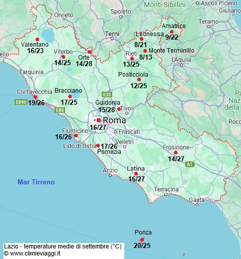 Lazio - mappa con le temperature medie a settembre