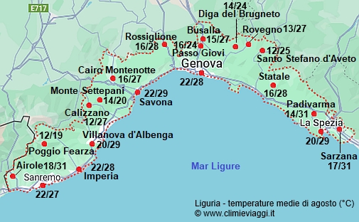 Liguria - mappa con le temperature medie a agosto