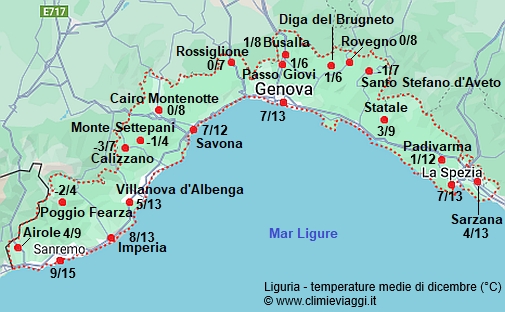 Liguria - mappa con le temperature medie a dicembre