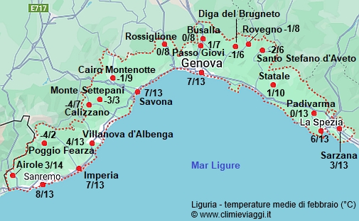 Liguria - mappa con le temperature medie a febbraio
