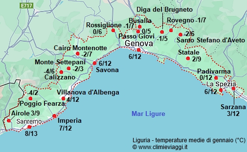 Liguria - mappa con le temperature medie a gennaio
