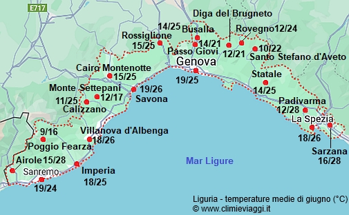 Liguria - mappa con le temperature medie a giugno