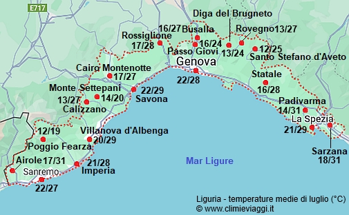 Liguria - mappa con le temperature medie a luglio