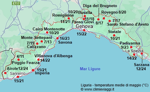 Liguria - mappa con le temperature medie a maggio